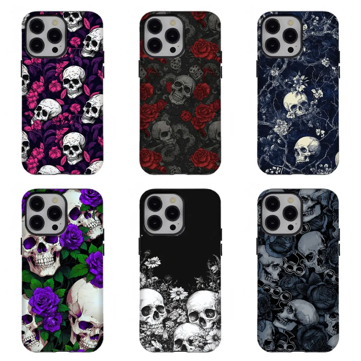 Gothic Skull Floral Polycarbonate Phone Case - Dark Red Rose Purple Flower Skeleton Custom Protection Cover, Wireless Charging Compatible, Phone Accessories for iPhone 11-17 Pro Max & Samsung S22-S26, Gift for Her