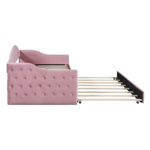 Upholstered Daybed and Trundle, Velvet Modern Button Tufted Twin Size Daybed Frame with USB&Type-C Charging Ports, Daybed Sofa Bed with Wood Slat Support, for Bedroom Living Room Guest Room (Pink)