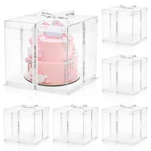 6 Pcs Clear Cake Box with Ribbon 2-Layer 10x10x10 Inch, Transparent Cake Carrier Box with Lids, PET Tall Cake Packaging Boxes, Clear Gift Boxes for Birthday, Wedding and Festival Party