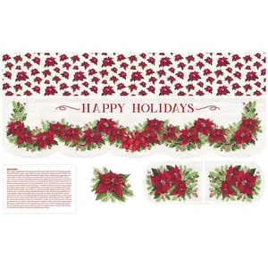 Happy Holidays Christmas Mantle Scarf 36in x 56in Floral Cotton Panel Runner for Festive Decor