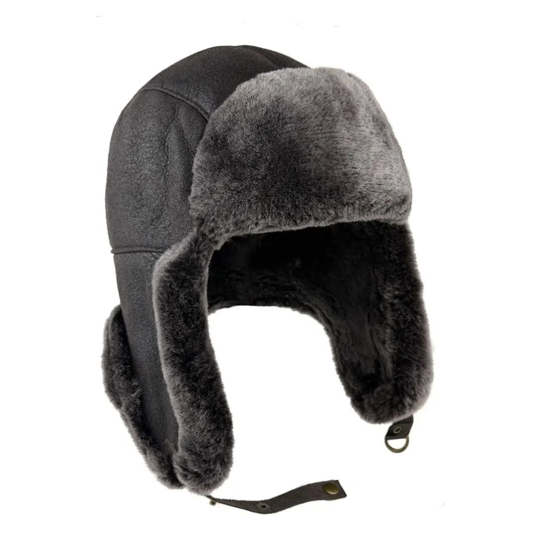 Men's Shearling Leather Trapper Hat - Genuine Sheepskin Aviator Winter Cap with Ear Flaps, Cold Weather Ushanka