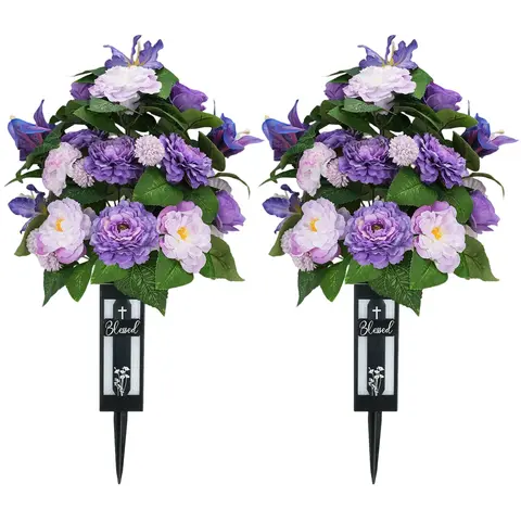 Silk Decorative Fake Flower Bouquet Set - 2-Piece with Vase, Elegant Artificial Cemetery Centerpiece, Weatherproof Outdoor Gravesite Home Decor