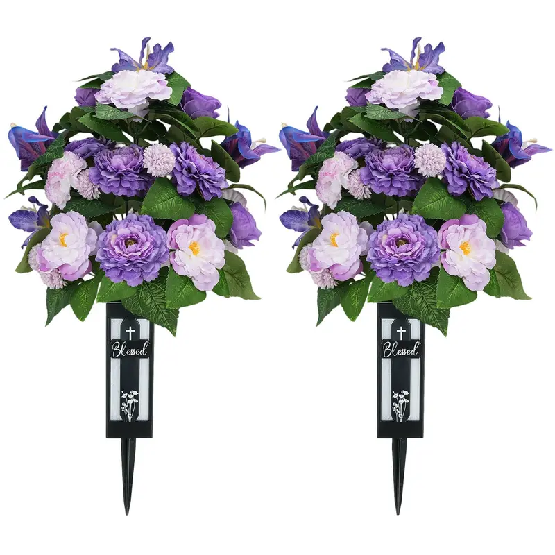Silk Decorative Fake Flower Bouquet Set - 2-Piece with Vase, Elegant Artificial Cemetery Centerpiece, Weatherproof Outdoor Gravesite Home Decor
