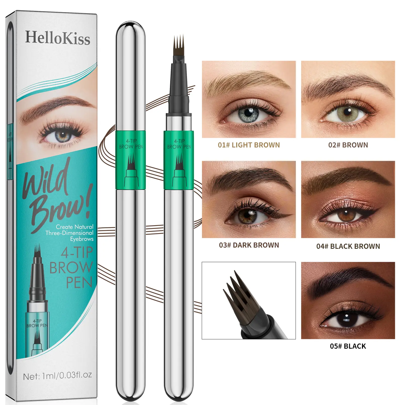 HelloKiss 4-Prong Microblading Eyebrow Pen Waterproof Sweatproof Smudge Resistant Long Lasting Liquid Eyebrow Pencil Create 3D Natural Realistic Brows 5 Shades Brow Makeup Gift for Women