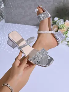 Women's Rose Gold Clear Rhinestone Clear Chunky Heel Mule Slides, Luxury Party Elegant-Chic Style, Wedding Guest Heels #ClearHeelSlides, #LuxuryPartyChic, #ElegantWeddingShoes