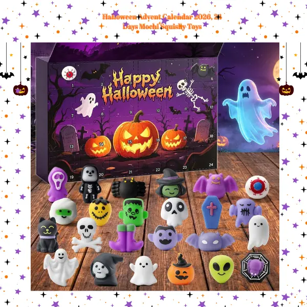Halloween Advent Calendar 2026, 24-Day Mochi Squishy Toys Countdown Calendar for Kids, Girls & Boys, Fidget Sensory Toys, Non-Candy Halloween Treats, Trick or Treat Prizes, Classroom Party Favors & Halloween Gifts
