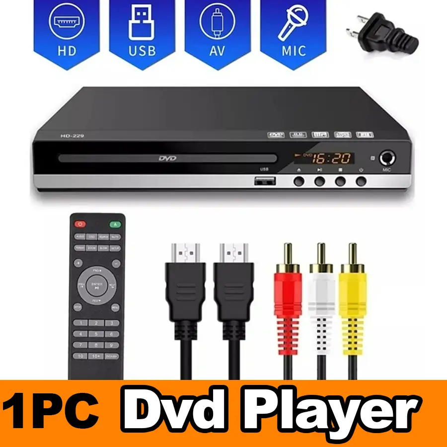 Portable EVD DVD/CD Player for TV - 1080P All-Region, HDMI Output, USB Input, Remote Control, RCA Cable Included, Stereo Audio, Button Controls, Home Stereo System Device