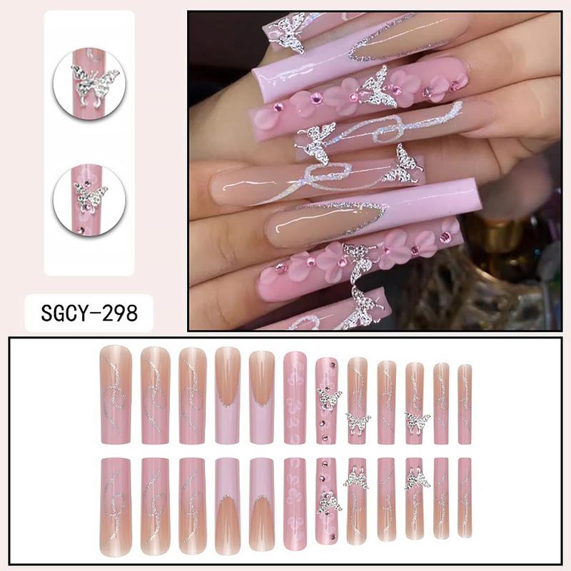 24PCS Long Square Press-On Nails Pink French Tip with Silver Rhinestones Flower Butterfly Charms Full-Cover Acrylic False Nails for DIY Manicure Easter Birthday Gift Set