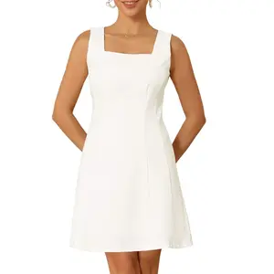 INSPIRE CHIC Women's Sleeveless Square Neck Adjustable Belted Elegant A-Line Mini Dresses Medium White