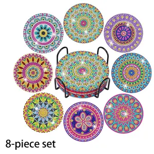 8pcs DIY Diamond Painting Coasters Mandala Flower Design Ab Bright Diamonds Waterproof Table Decor Includes Iron Cup Holder