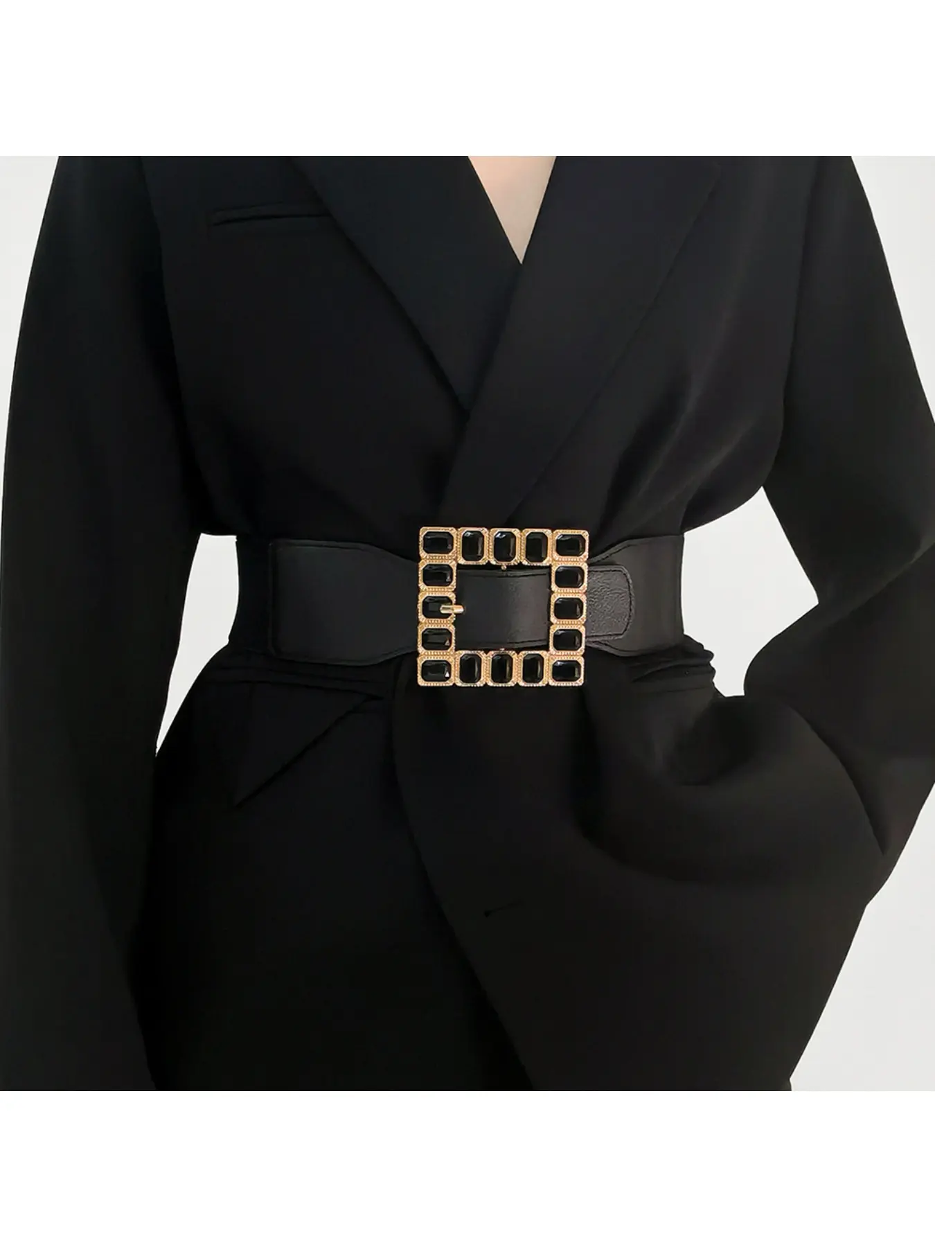 Waist Cincher Women's Acrylic Square Diamond-Inlaid Geometric Belt with Elastic High Stretch Black 6cm Wide Adjustable Elastic Belt