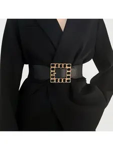 Waist Cincher Women's Acrylic Square Diamond-Inlaid Geometric Belt with Elastic High Stretch Black 6cm Wide Adjustable Elastic Belt