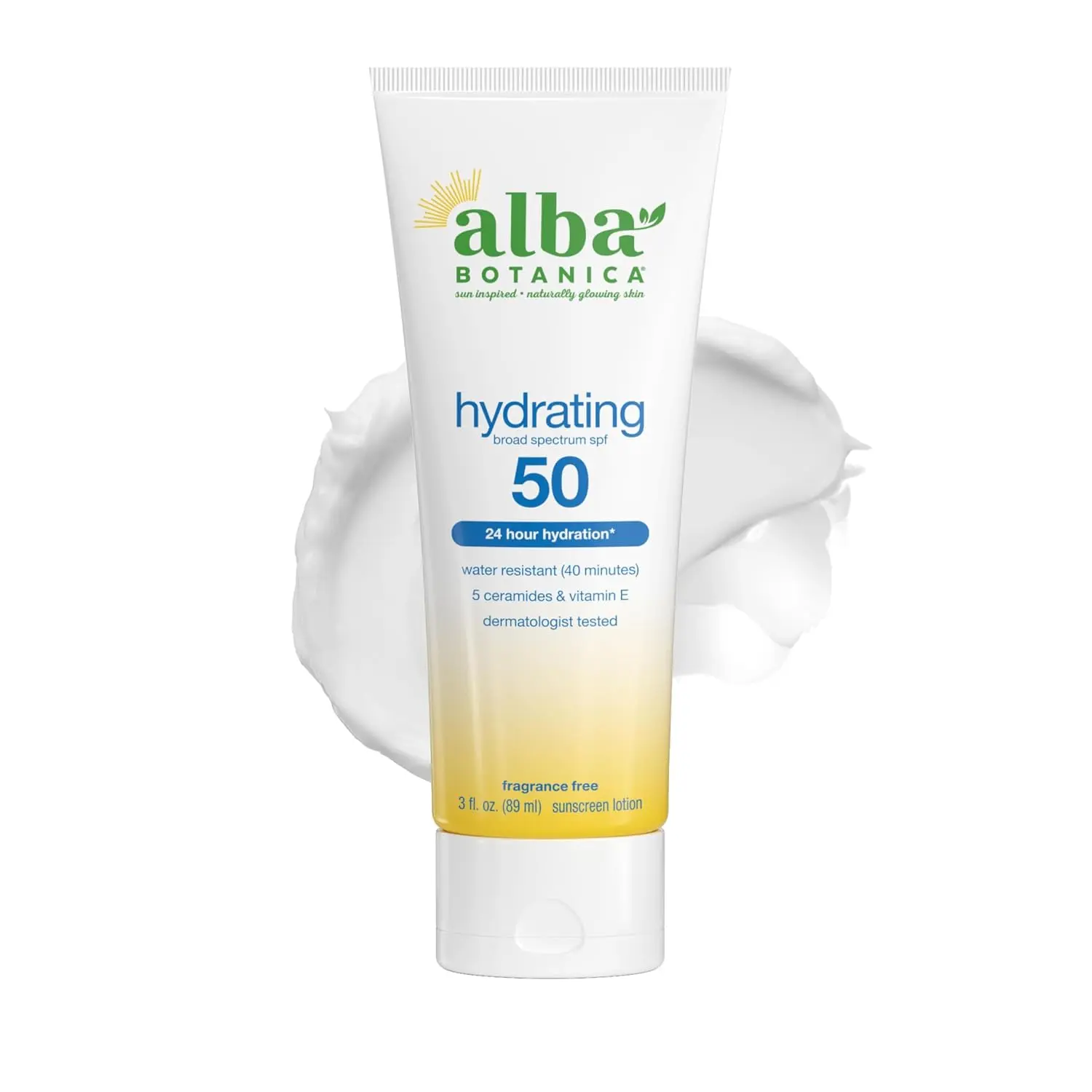 Alba Botanica Hydrating Sunscreen Lotion, SPF 50 Broad Spectrum Protection, 24 Hour Hydration, Water Resistant (40 minutes), Fragrance Free, Oxybenzone-Free, 3 Fl. Oz