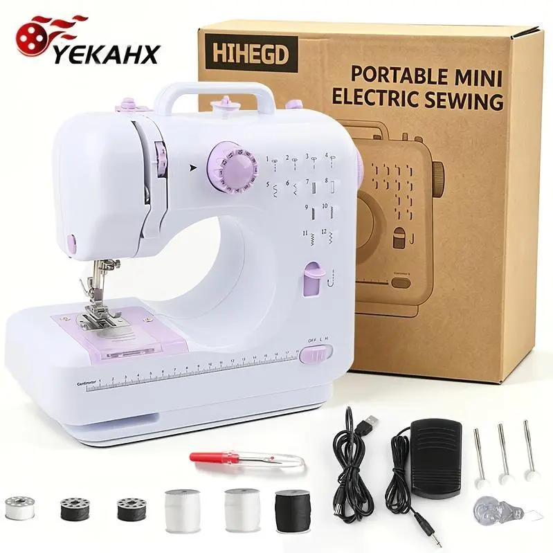 Portable Electric Sewing Machine Professional Version, with 12 Thread Patterns, Adjustable Speed, Overlock, Sewing Machine Parents, Beginners, Enthusiasts, Lightweight, Easy to Use, Very Suitable for, Manual Repair, USB Or Battery Power Supply