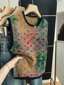 Women's Casual Loose-Fitting Round Neck Sleeveless Knit Top, Womenswear, Spring Summer Fall, Deep Blue Gradient Geometric Print Sweater