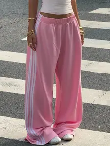 Women's High-Waisted Striped Wide-Leg Pants, Loose Fit Elastic Waist Casual Long Straight Trousers, All-Season Streetwear
