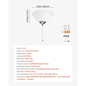 VEVOR Ceiling Fan Light Kit, 750lm 3000K Bowl Shaped Fan Light Kit with Pull Chain, 2 LED Bulbs, Replacement Fixture for Living Room, Dining Room, Bedroom, Indoor, White Glass Shade Brushed Nickel