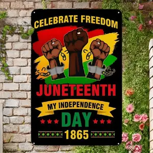 Juneteenth 1865 Freedom Day Metal Sign - Black Liberation Celebration Wall Decor, 12x8 Inches, Vivid Tin Plate Art, Suitable for Home, Yard, or Bar, "Celebrating Freedom" Design with Handcuffs and Chains