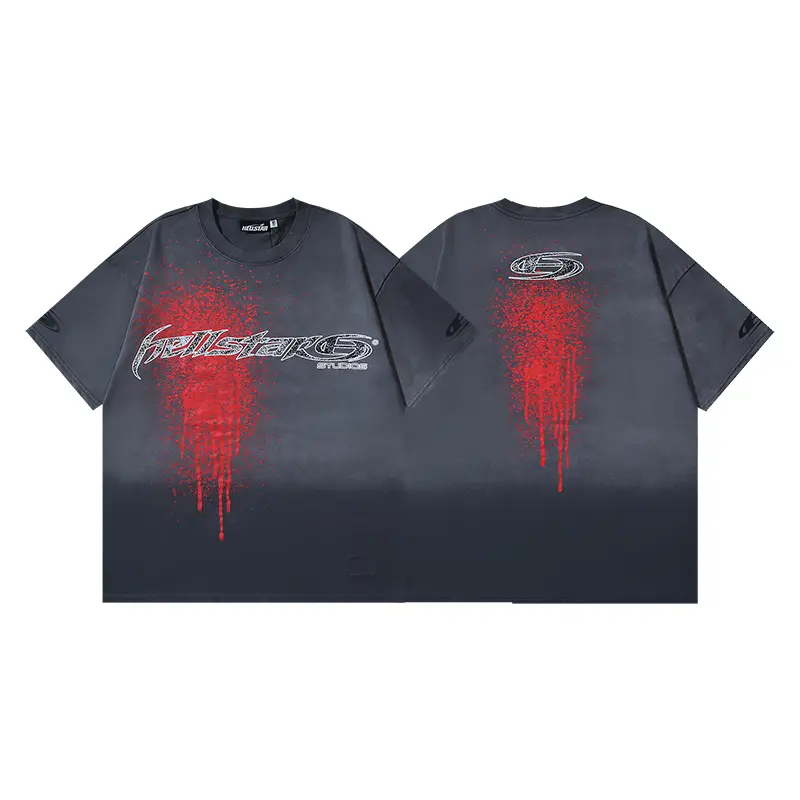 Hellstar Studios Red Drip Graphic T-Shirt, Distressed Spray Paint Logo with Coordinated Front Back and Sleeve Prints, Heavy Cotton Washed Gray Oversized Tee for Men Women, Y2K Streetwear Fashion Accessories