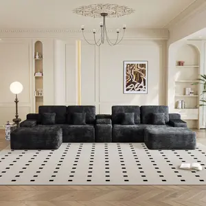 150''Width 5-piece Sectional  with 2 Ottomans,Comfy U-shaped  Couch for Living Room,BLACK Plush Corduroy Fabric memory foam sofa