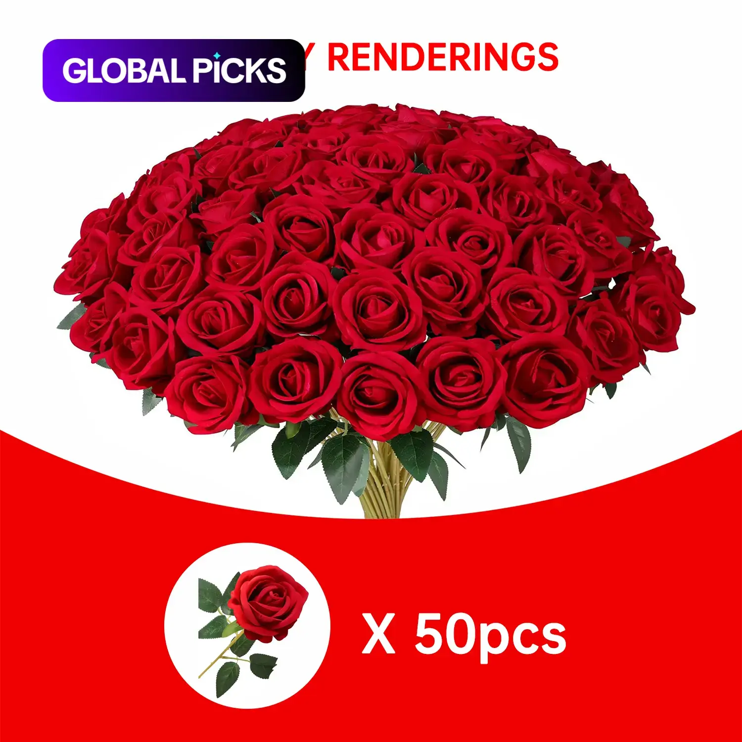 50pcs Realistic Rose Artificial Flowers, Long Stem Velvet Silk Material, Wedding Bouquet Decorative Flowers, Artificial Flower Decoration for Table Decor, Valentine's Day Gift and DIY Party #GLOBAL PICKS
