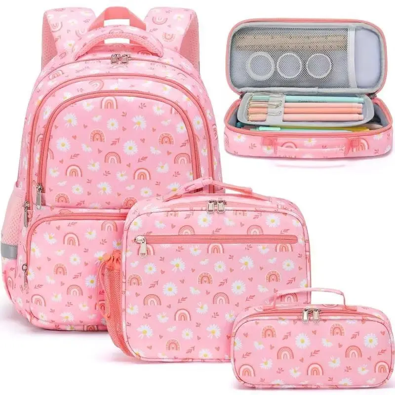 2026 Daisy Print Pink Rainbow Polyester Girls' Backpack 3-Piece Set, Lightweight Spine Protection Bookbag with Thermal Lunch Bag & Large Pencil Case, Waterproof Kindergarten-Primary Gift