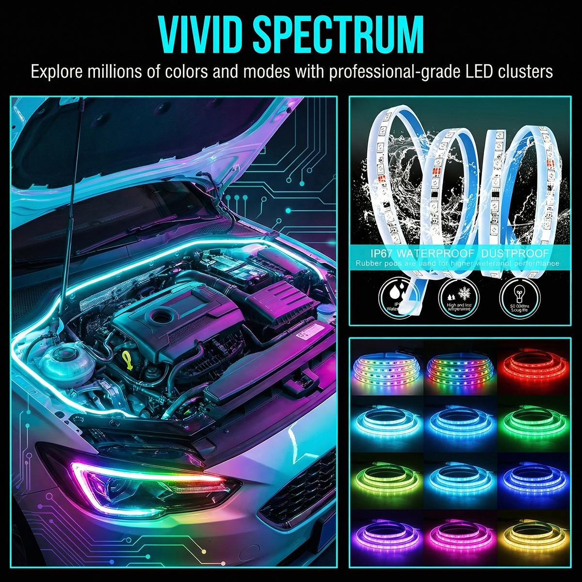 2-in-1 RGB LED Car Ambient Light Strip | Flexible Streamer Underglow & Hood Light | App & Remote Control Multi-Color Atmosphere Lamp | Waterproof DRL Chasing Strip rock lights truck stuff Fuse Assortment Kit with Puller