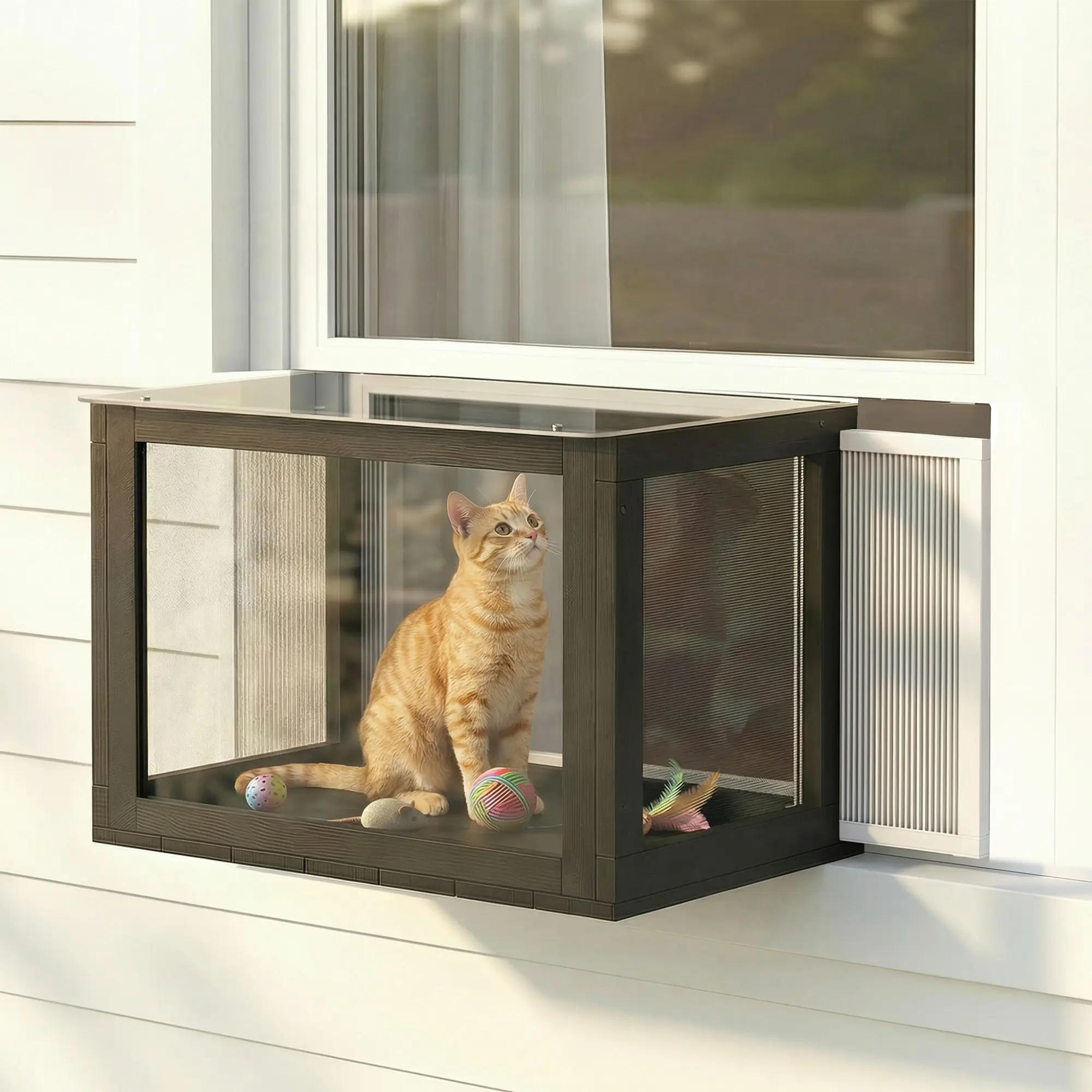 Window Catio – Transparent Panoramic Design for Unobstructed Views. Adjustable Wings Fit 25"-41" Windows. Sunbathing & Rain Protection. Sturdy Fir Wood. For Cats Up to 15 lbs
