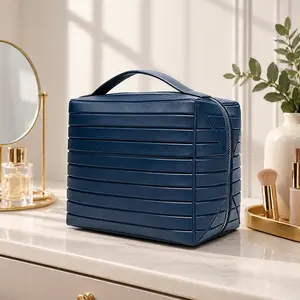 Foldable waterproof travel cosmetic bag, multi-layer zipper design, large-capacity storage, portable and lightweight beauty finishing bag, fashionable business travel toiletry bag, brown striped handbag makeup bag set