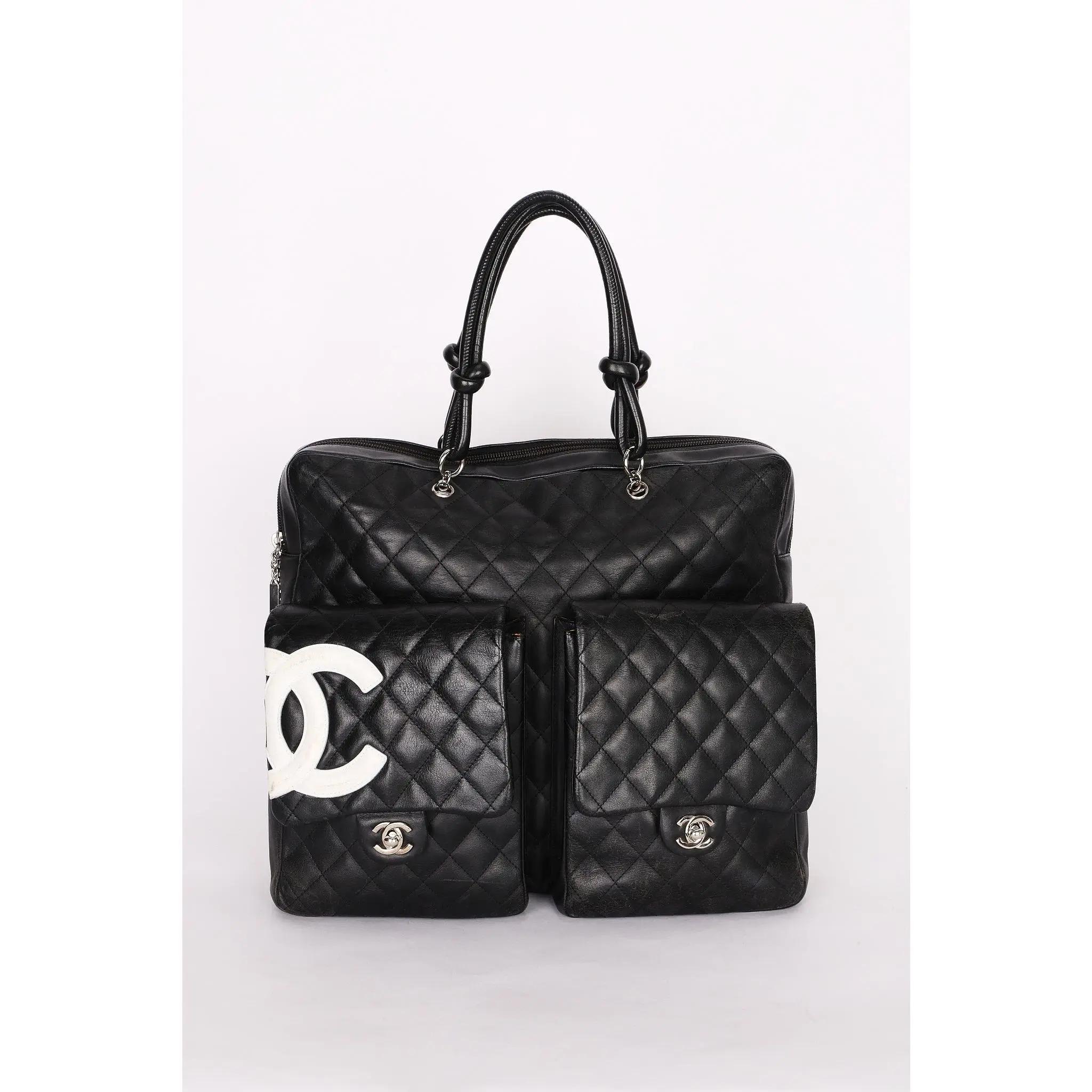 Pre-owned CHANEL Designer Handbag/Wallet Rare Large Cambon Multipocket Reporter Briefcase Black Lambskin 2005 SHW Drop 59