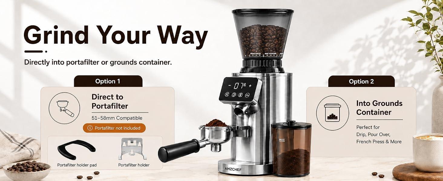 Stainless Steel Conical Burr Coffee Grinder - Anti-Static Burr Mill with Precision Timer, LED Touch Screen, 48 Settings, Grinding Control for Espresso, Pour Over, Cold Brew (Metallic Silver)