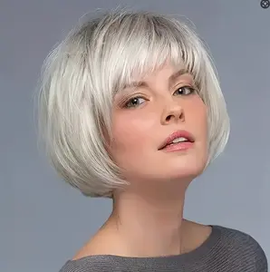 An elegant short wave wig with high-temperature fiber, 150% density, rose mesh cap, gradient silver gold color with light brown highlights and air bangs, suitable for daily wear, festivals. It is an ideal gift for friends on Mother's Day. Halloween wig