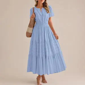 Women's Summer 2026 Casual Maxi Dress Lightweight Short Sleeve V Neck Boho Dress with Pockets
