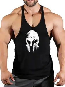 Men's Fine Strap Tank Top with Spartan Helmet Pattern, Gym Training Sleeveless Shirt, Bodybuilding Workout Top, Sporty Loose-Fitting, Fitness Workout Vest