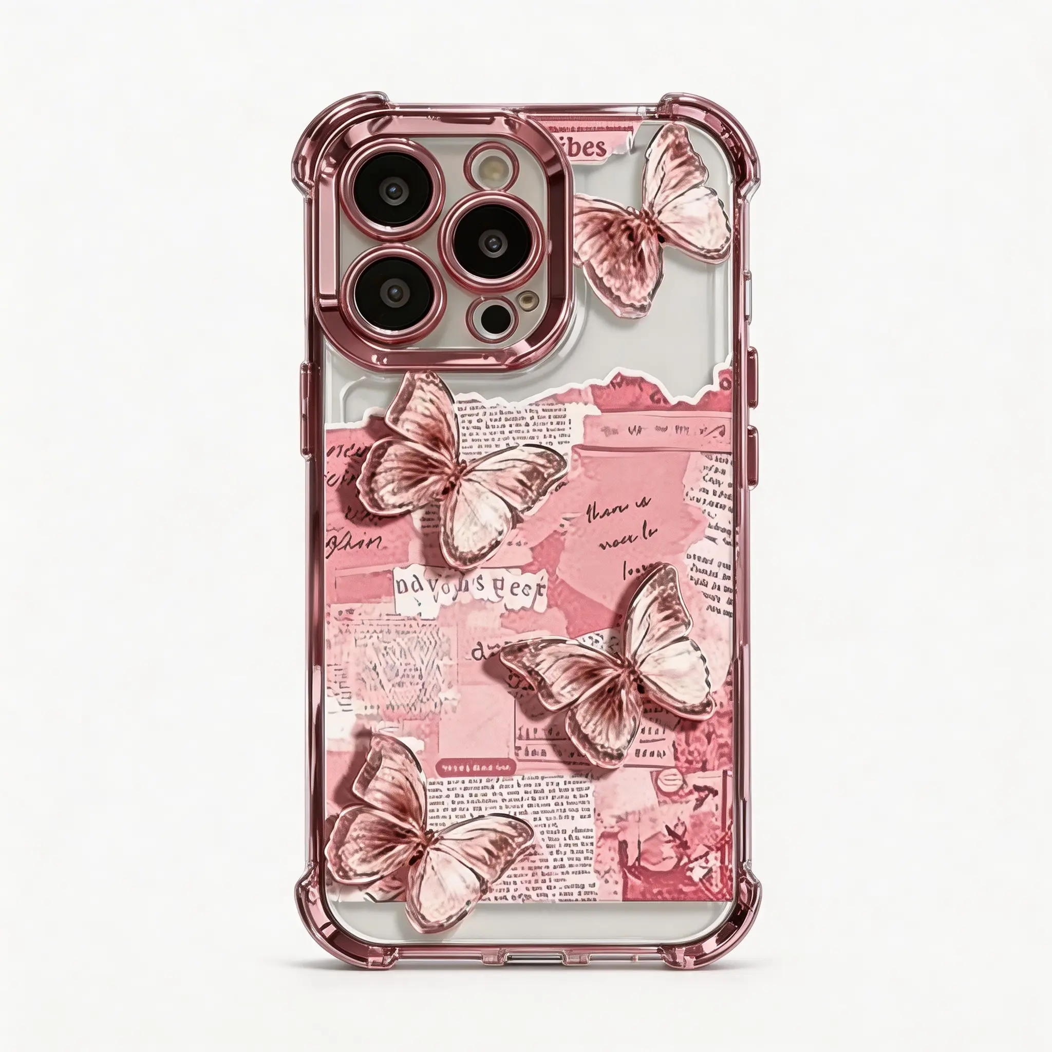 Women's Newspaper Butterfly Pattern Smartphone Case - Pink Chrome Frame, HD Transparent Cover, Reinforced Corners, Full-Body Drop-Resistant, for iPhone 11/12/13/14/15/16/17 Pro Max,14/15/16 Plus,X,XS Max