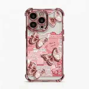 Newspaper Butterfly Pattern Women's Phone Case for iPhone 11/12/13/14/15/16/17 Pro Max,14/15/16 Plus,X,&XS Max. Features a pink chrome alloy frame, high-definition transparent material, reinforced corner protection, and full-body drop-resistant design. GF
