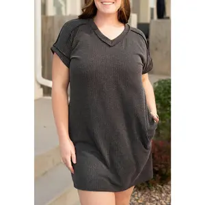 Carbon Grey Corded V Neck Plus Size T Shirt Dress with Pockets