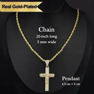 Hiltopia 14K Real Gold-Plated Cross Necklace for Men,Tarnish-Free Cuban link chain Figaro Rope Miami Chains with Jesus Crucifix Pendant, 20” Long , Christian Religious Jewelry Gift，Religious Jewelry for All Year