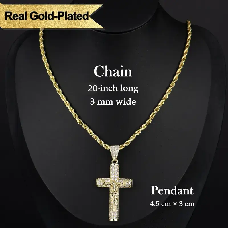 Hiltopia 14K Real Gold-Plated Cross Necklace for Men,Tarnish-Free Cuban link chain Figaro Rope Miami Chains with Jesus Crucifix Pendant, 20” Long , Christian Religious Jewelry Gift，Religious Jewelry for All Year