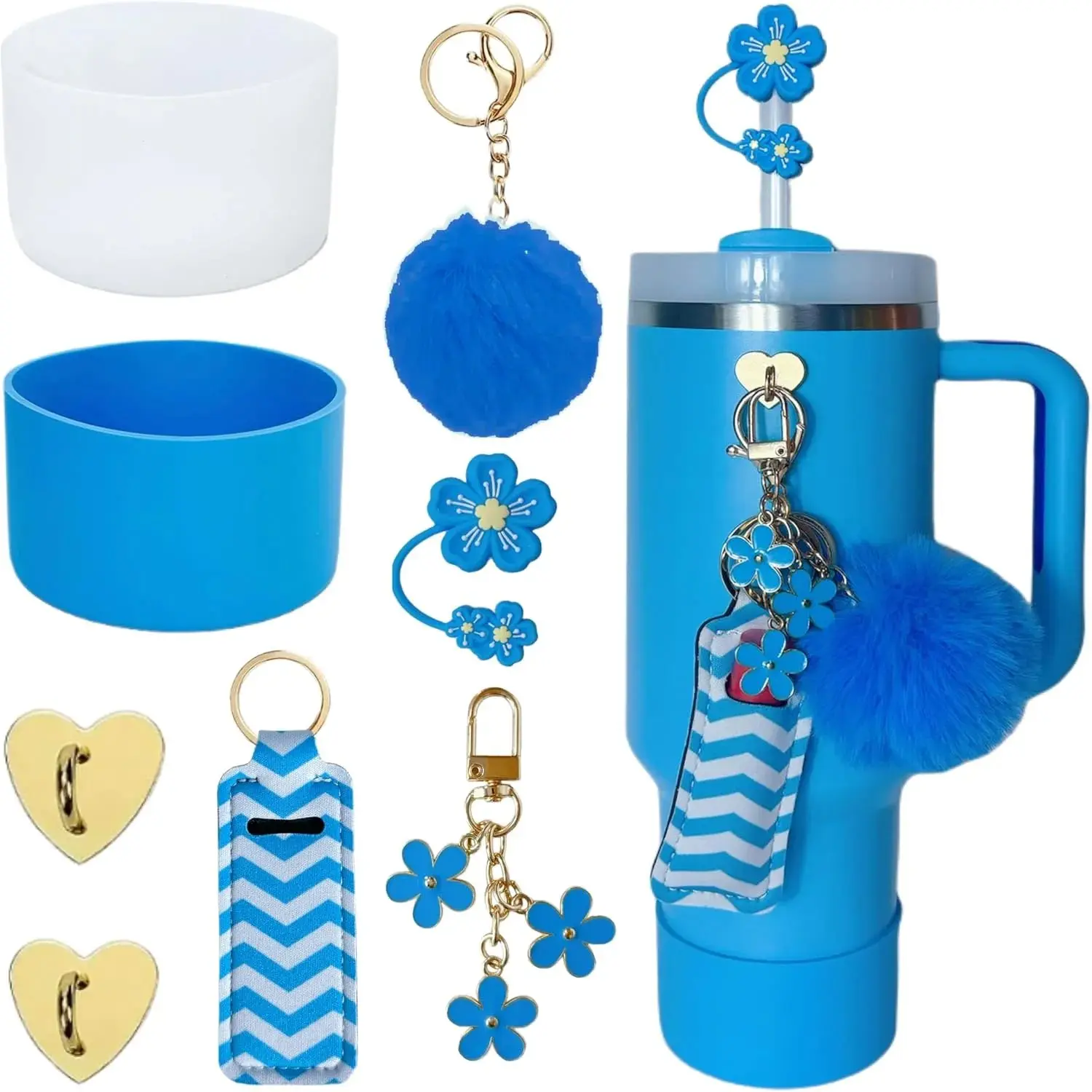 Accessories for Stanley Cup 40oz,2 Silicone Boots for Stanley Tumbler,1 Flower Straw Cover Topper,2 Charms Hooks,1 Lipstick Holder Bag,1 Pompom Ball,1 Cute Keychain Charms (Blue)