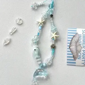 Cute Starfish & Dolphin Design Beaded Phone Chain, Handmade Beaded Phone Lanyard, Mobile Phone Bag Chain, Phone Strap, Phone Charm for Women & Girls
