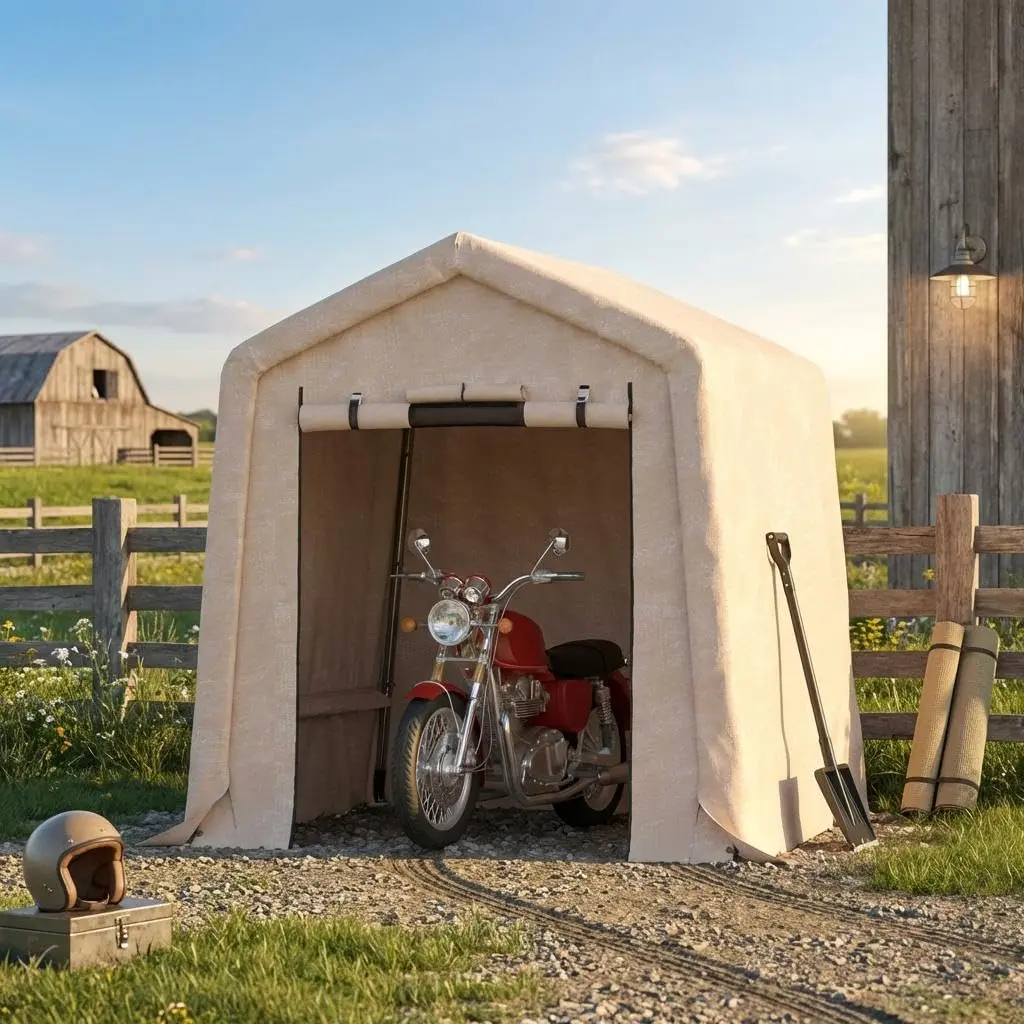 Garvee 6x6 ft Modern Weatherproof Metal Outdoor Portable Storage Shed, 240G Heavy-Duty Waterproof PE Tarp, Roll-Up Door, Vent, UV-Resistant for Motorcycle, Garden Tools -Khaki, Weatherproof Metal Shed