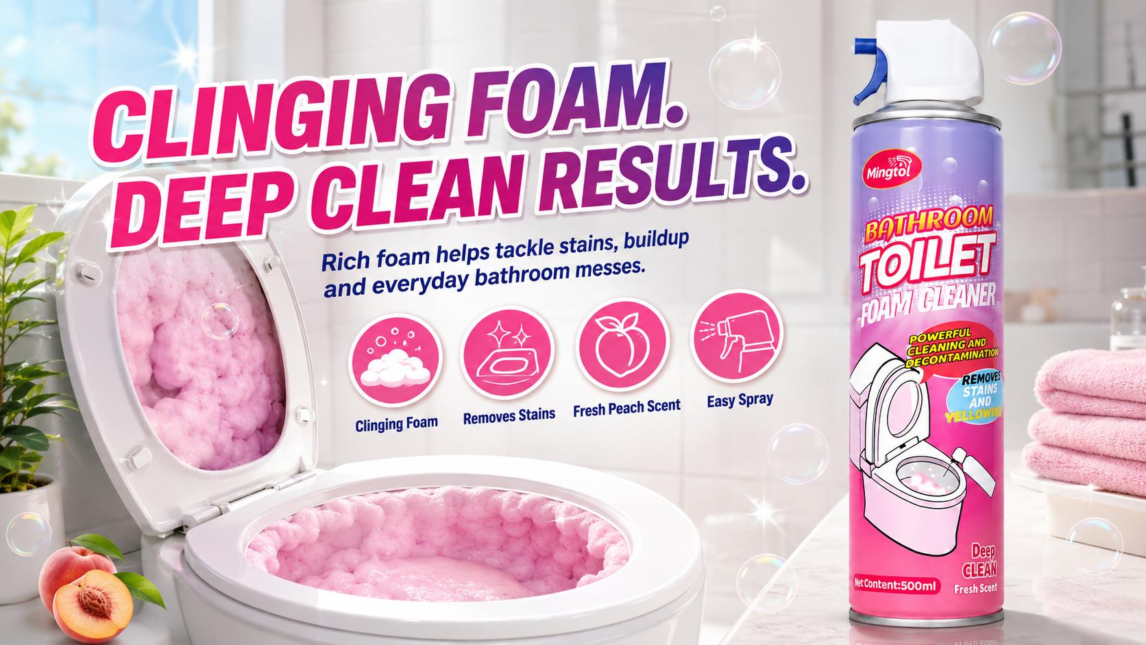 Mingtol Toilet Cleaning Foam Cleaner – Expands to Clean Hard‑to‑Reach Areas, Powerful Stain & Yellowing Remover, Lifts Odors with Fresh White Peach Scent, 500ml Bathroom Household Cleaning Supplies