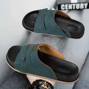 Fashionable men's slippers, new 2026 summer style, light luxury mesh velvet, non-slip, versatile casual beach shoes for outdoor wear, dopamine color scheme.