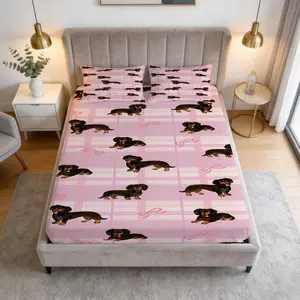 Dachshund Themed Fitted Sheet, Cute Style Bedding Set (1 Sheet + 2 Pillowcases, No Pillow Core), Suitable For Dog Lovers And Pet Owners, In Bedrooms, Dormitories, And Guest Rooms