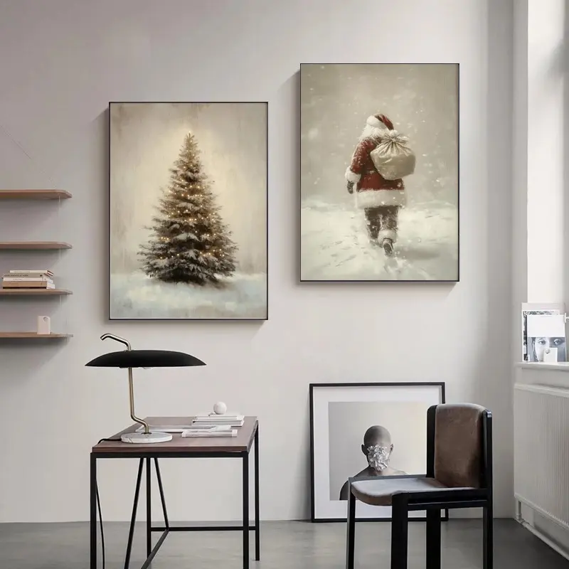 2PCS/set Unframed Vintage Design Christmas Wall Art, Farmhouse Christmas Decor Wall Art, Artwork, Winter Holiday Paintings, Christmas Prints Poster Decoration