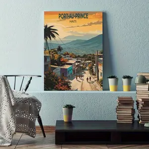 Port-Au-Prince Haiti Framed Canvas Art Print - Vibrant Wooden Frame Wall Decor, Colorful Haitian Town Landscape with Palm Trees & Mountains, Cultural Home Office Bedroom Decoration, Wrapped Canvas, Tropical Theme Decor, Picturesque Artwork, 2D Flat, Perfe