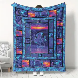 Horse Flannel Blanket Vibrant Sunset Pattern Soft Warm Home Relaxation Romantic Healing Color Throw Blanket for Bed Sofa Camping Travel