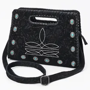 Clutch Bag Genuine Leather Western Crossbody with Turquoise Studs and Boot Stitch