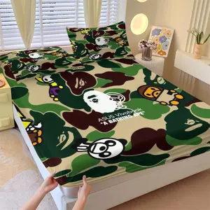 Cartoon Camouflage Fitted Sheet Set, Breathable Sheets, 1 Fitted Sheet + 2 Pillowcases, Green Camo Animal Print Bedding, Soft Breathable Microfiber Bed Linen for Teens Street Style Fans